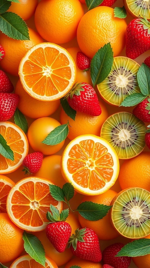 3D wallpaper design showcasing an assortment of juicy fruits in vibrant colors.